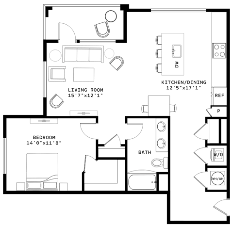 Floor plan for 1 bed, 1 bath, 964 sqft